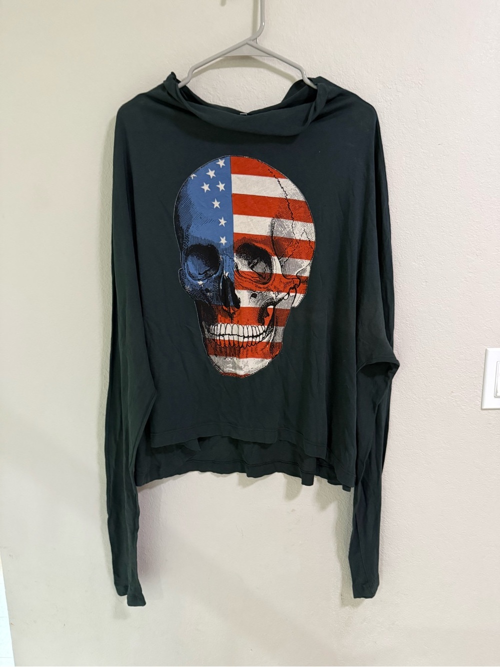 Wildfox USA Skull Graphic Crop Long Sleeve Tee Black Size S